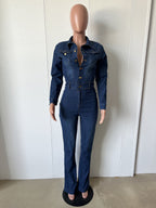 Washed Denim Flare Jumpsuit For Women - Dark Blue Long Sleeve Cotton Bootcut Romper - Spring Streetwear 2026