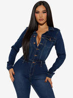 Washed Denim Flare Jumpsuit For Women - Dark Blue Long Sleeve Cotton Bootcut Romper - Spring Streetwear 2026