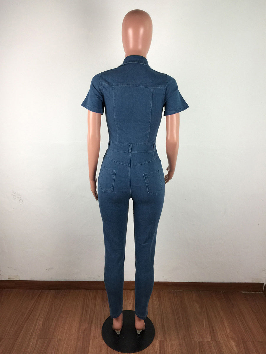 Slim Fit Washed Denim Jumpsuit For Women - Dark Blue Sexy Bodycon Short Sleeve Button Up Romper - Summer Casual Streetwear 2026