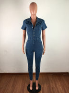 Slim Fit Washed Denim Jumpsuit For Women - Dark Blue Sexy Bodycon Short Sleeve Button Up Romper - Summer Casual Streetwear 2026