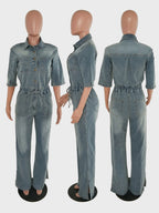 Stretch Washed Denim Jumpsuit For Women - Light Blue Drawstring Waist Side Slit Wide Leg Cargo Romper - Summer Streetwear 2026