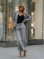 Enzyme Washed Denim 2 Piece Set For Women - Grey Tie Waist Jacket And Horseshoe Barrel Leg Pants - Spring Casual Streetwear 2026