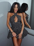 Vintage Polka Dot Halter Mini Dress For Women - Black Retro Criss Cross Keyhole Fit And Flare Sundress - Summer Girls Night Out 2026