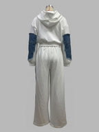 Denim Patchwork 2 Piece Set For Women - Studded Hoodie And Wide Leg Pants - Spring Streetwear Tracksuit 2026