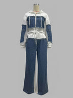 Denim Patchwork 2 Piece Set For Women - Studded Hoodie And Wide Leg Pants - Spring Streetwear Tracksuit 2026