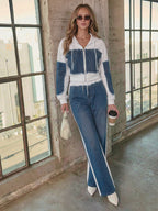 Denim Patchwork 2 Piece Set For Women - Studded Hoodie And Wide Leg Pants - Spring Streetwear Tracksuit 2026