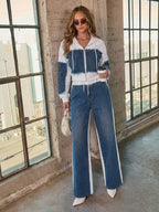 Denim Patchwork 2 Piece Set For Women - Studded Hoodie And Wide Leg Pants - Spring Streetwear Tracksuit 2026