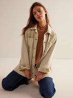 Oversized Denim Jacket For Women - Medium Wash Boyfriend Fit Side Slit Trucker Coat - Spring Daily Streetwear 2026