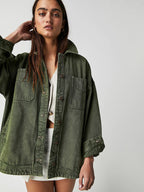 Oversized Denim Jacket For Women - Medium Wash Boyfriend Fit Side Slit Trucker Coat - Spring Daily Streetwear 2026