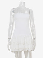 Eyelet Lace Mini Dress For Women - White Smocked Strapless Ruffle Tube Sundress - Summer Beach Vacation 2026