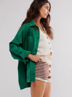 Oversized Denim Jacket For Women - Medium Wash Boyfriend Fit Side Slit Trucker Coat - Spring Daily Streetwear 2026