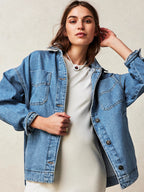 Oversized Denim Jacket For Women - Medium Wash Boyfriend Fit Side Slit Trucker Coat - Spring Daily Streetwear 2026