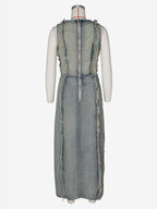 Distressed Denim 2 Piece Set For Women - Vintage Washed Ripped Maxi Slit Skirt And Crop Top - Summer Festival Party Wear 2026