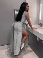 Distressed Denim 2 Piece Set For Women - Vintage Washed Ripped Maxi Slit Skirt And Crop Top - Summer Festival Party Wear 2026
