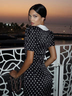Polka Dot Maxi Dress For Women - Black Vintage Peter Pan Collar Bodycon Pencil Dress - Summer Date Night 2026