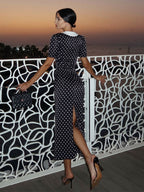 Polka Dot Maxi Dress For Women - Black Vintage Peter Pan Collar Bodycon Pencil Dress - Summer Date Night 2026