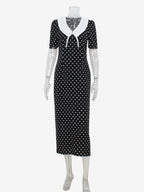 Polka Dot Maxi Dress For Women - Black Vintage Peter Pan Collar Bodycon Pencil Dress - Summer Date Night 2026