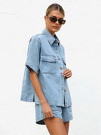 Medium Washed Denim 2 Piece Set For Women - Drawstring Shorts With Button Up Shirt - Summer Casual Vacation Outfits 2026
