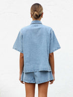 Medium Washed Denim 2 Piece Set For Women - Drawstring Shorts With Button Up Shirt - Summer Casual Vacation Outfits 2026