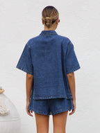 Medium Washed Denim 2 Piece Set For Women - Drawstring Shorts With Button Up Shirt - Summer Casual Vacation Outfits 2026