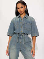 Stretch Washed Denim Jumpsuit For Women - Light Blue Drawstring Waist Side Slit Wide Leg Cargo Romper - Summer Streetwear 2026