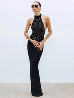 Sheer Lace Patchwork Halter Maxi Dress For Women - Black Sexy Backless Mermaid Bodycon - Summer Formal Evening Gown 2026