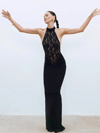 Sheer Lace Patchwork Halter Maxi Dress For Women - Black Sexy Backless Mermaid Bodycon - Summer Formal Evening Gown 2026