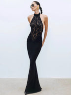 Sheer Lace Patchwork Halter Maxi Dress For Women - Black Sexy Backless Mermaid Bodycon - Summer Formal Evening Gown 2026