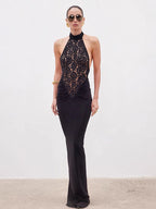 Sheer Lace Patchwork Halter Maxi Dress For Women - Black Sexy Backless Mermaid Bodycon - Summer Formal Evening Gown 2026