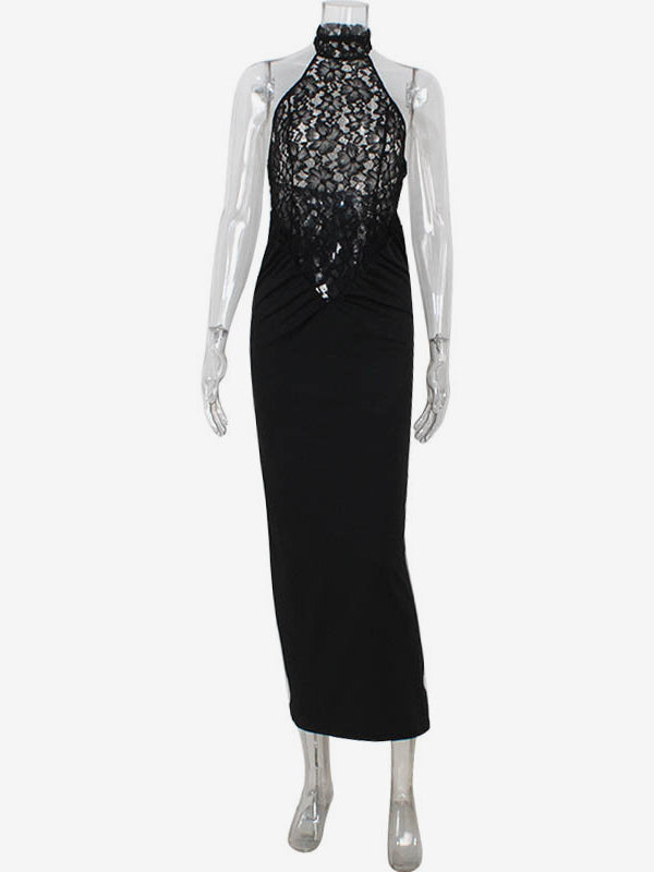 Sheer Lace Patchwork Halter Maxi Dress For Women - Black Sexy Backless Mermaid Bodycon - Summer Formal Evening Gown 2026