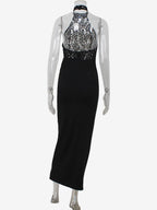 Sheer Lace Patchwork Halter Maxi Dress For Women - Black Sexy Backless Mermaid Bodycon - Summer Formal Evening Gown 2026