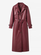 Faux Leather Trench Coat Women - Single Breasted Belted Maxi Jacke - Spring Chic Street Outerwear 2026