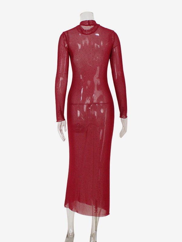 Rhinestone Mesh Maxi Dress For Women - Red Sheer High Neck Long Sleeve Bodycon Cover Up - Summer Clubwear Partywear 2026
