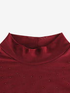 Rhinestone Mesh Maxi Dress For Women - Red Sheer High Neck Long Sleeve Bodycon Cover Up - Summer Clubwear Partywear 2026