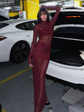 Rhinestone Mesh Maxi Dress For Women - Red Sheer High Neck Long Sleeve Bodycon Cover Up - Summer Clubwear Partywear 2026