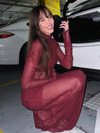 Rhinestone Mesh Maxi Dress For Women - Red Sheer High Neck Long Sleeve Bodycon Cover Up - Summer Clubwear Partywear 2026
