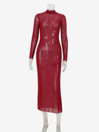 Rhinestone Mesh Maxi Dress For Women - Red Sheer High Neck Long Sleeve Bodycon Cover Up - Summer Clubwear Partywear 2026