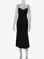 Sequin Midi Slip Dress For Women - Black Elegant Mermaid Hem Spaghetti Strap Cami Gown - Summer Evening Partywear 2026