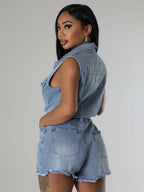 Sleeveless Denim Romper For Women - Light Blue Distressed Tie Waist One Piece Shorts - Summer Clubwear 2026