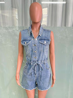 Sleeveless Denim Romper For Women - Light Blue Distressed Tie Waist One Piece Shorts - Summer Clubwear 2026