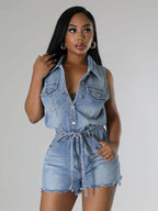 Sleeveless Denim Romper For Women - Light Blue Distressed Tie Waist One Piece Shorts - Summer Clubwear 2026