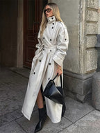 Funnel Neck Trench Coat For Women - Cream Double Breasted Drop Shoulder Belted Overcoat - Spring Office-to-dinner Outerwear 2026