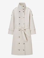 Funnel Neck Trench Coat For Women - Cream Double Breasted Drop Shoulder Belted Overcoat - Spring Office-to-dinner Outerwear 2026