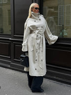 Funnel Neck Trench Coat For Women - Cream Double Breasted Drop Shoulder Belted Overcoat - Spring Office-to-dinner Outerwear 2026