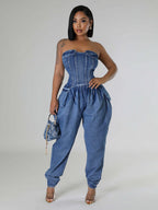 Strapless Corset Denim Jumpsuit For Women - Blue Sexy Bustier Back Zip Harem Romper - Spring Party Night Club 2026