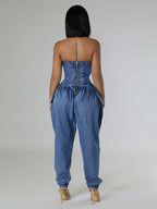 Strapless Corset Denim Jumpsuit For Women - Blue Sexy Bustier Back Zip Harem Romper - Spring Party Night Club 2026