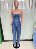 Strapless Corset Denim Jumpsuit For Women - Blue Sexy Bustier Back Zip Harem Romper - Spring Party Night Club 2026
