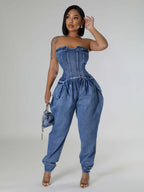 Strapless Corset Denim Jumpsuit For Women - Blue Sexy Bustier Back Zip Harem Romper - Spring Party Night Club 2026