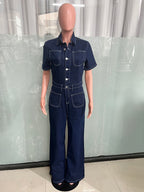 Contrast Stitch Denim Jumpsuit For Women - Dark Blue Washed Retro Short Sleeve Wide Leg Romper - Spring Casual Streetwear 2026