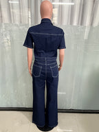 Contrast Stitch Denim Jumpsuit For Women - Dark Blue Washed Retro Short Sleeve Wide Leg Romper - Spring Casual Streetwear 2026